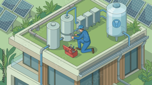 Isometric Illustration of a Technician Repairing Solar Water Heating System and Filtration on a Modern Green Rooftop, Sustainable Building Maintenance and Renewable Energy Concept
