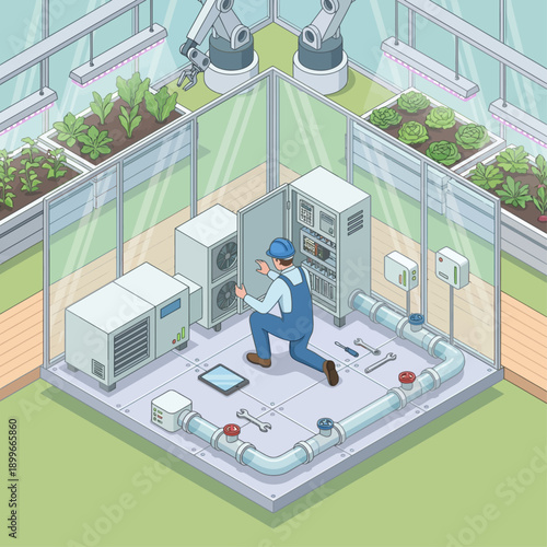 Isometric Maintenance Technician Repairing Control Panel in Automated Smart Greenhouse for Agritech Industry and Sustainable Food Production