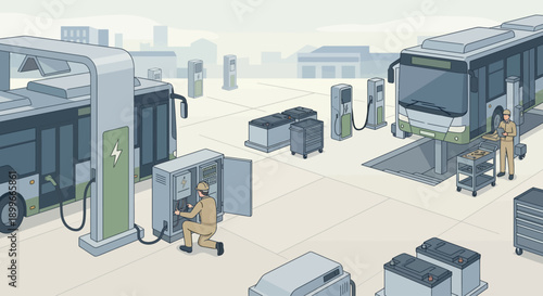 Isometric Electric Bus Maintenance and Charging Station, Technicians Servicing Green Public Transport Fleet, Sustainable Infrastructure and EV Power Grid Illustration