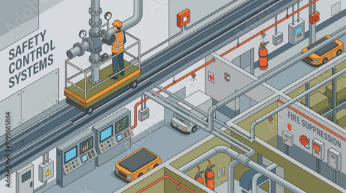 Isometric Industrial Factory Maintenance and Safety Control Systems with Worker Inspecting Pipes, Fire Suppression Equipment and Automated Robots in a Smart Warehouse Facility