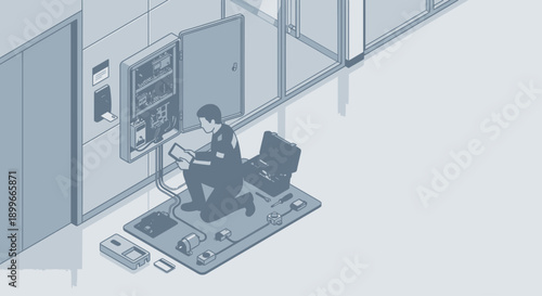 Isometric Technician Repairing Electrical Control Panel in Office Hallway, Professional Maintenance Worker Using Tablet for Diagnostics, Blue Minimalist Vector for Facility Management