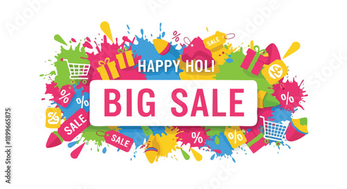 Vibrant graphic illustration for a Happy Holi big sale event with colorful splatters and discounts in a lively, celebratory mood against a white background.