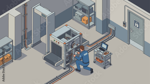 Isometric Maintenance Technician Repairing Security X-ray Scanner and Conveyor Belt in Industrial Facility, Technical Support and System Inspection, Professional Engineering Illustration