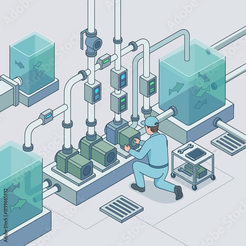 Isometric Maintenance Technician Repairing Industrial Water Filtration System and Pumps, Professional Engineer Servicing Pipes and Fish Tanks, Technical Support and Facility Management Vector