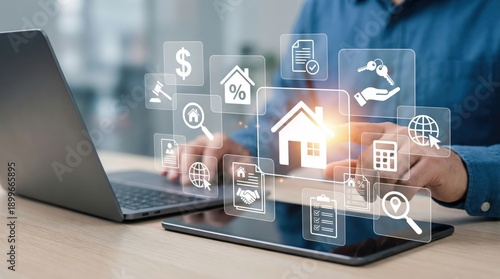 Person Interacting with Digital Real Estate Interface on Tablet and Laptop for Property Management