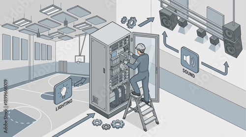 Isometric Technician Repairing Server Rack in Gymnasium for Lighting and Sound Control, Facility Maintenance and IT Infrastructure Management Illustration