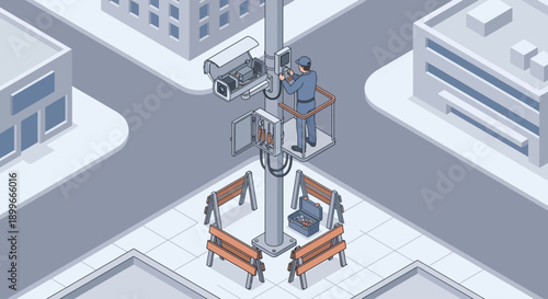 Isometric Technician Repairing CCTV Security Camera on City Street Pole, Surveillance System Maintenance and Urban Infrastructure Service, Blue Vector Smart City Technology Illustration