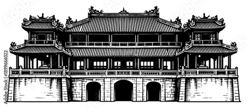 Traditional Vietnamese imperial palace gate architecture in detailed black and white vector illustration
