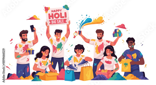 Group of diverse people celebrating Happy Holi with colorful powders and waters in a joyful big sale festival atmosphere with vibrant colors and lively mood.