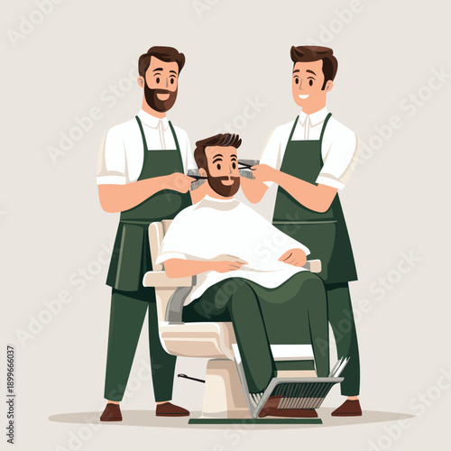 Friendly barbershop scene with two stylists grooming a smiling man