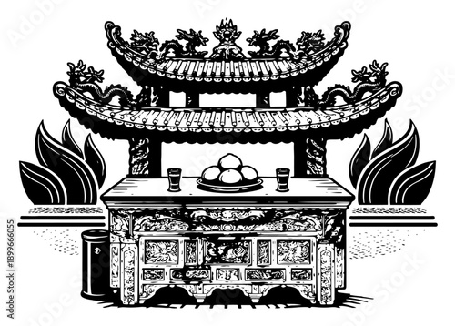 Traditional oriental altar with fruit offerings and decorative dragon roof in black and white vector style