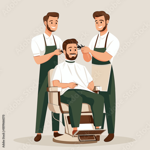 Friendly barbershop scene with two stylists grooming a smiling man
