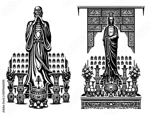 Traditional Buddhist altars with statues of monks and ornate ritual vessels in woodcut style