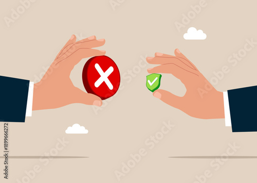Choosing option between small yes and small no to a question. Choice, problem and decision concept and evaluating feedback. Flat vector illustration.