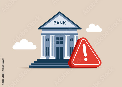 Bad reputation. House bank with an exclamation mark. Financial crisis and bankruptcy. Modern vector illustration in flat style
