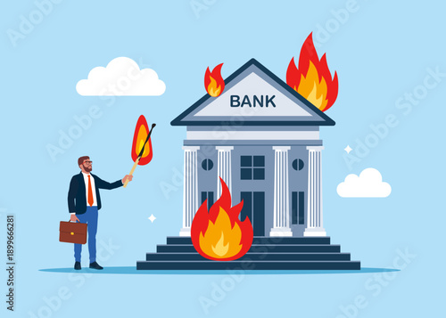Businessman sets a bank house on fire. Strong fire. Home with Fire. Financial crisis and bankruptcy. Modern vector illustration in flat style