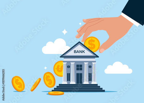 Hand putting coin a house bank money savings. Banking and financial services. Flat vector illustration.