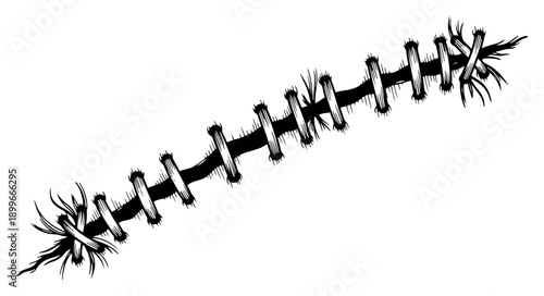 Distressing hand drawn medical scar with thick stitches in dark horror style