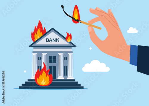 Arm sets a bank house on fire. Strong fire. Home with Fire. Financial crisis and bankruptcy. Modern vector illustration in flat style