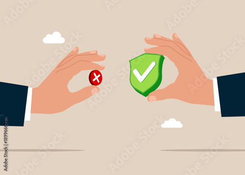 Choosing option between big yes and small no to a question. Choice, problem and decision concept and evaluating feedback. Flat vector illustration.