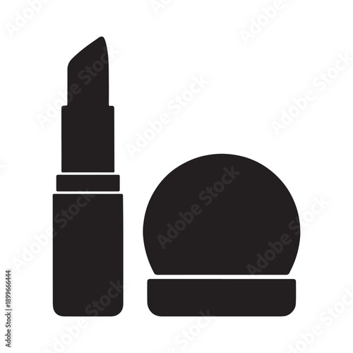 Lipstick and round compact powder icon, black silhouette on white