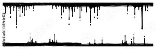 Artistic horizontal frame with black liquid dripping and splashing ink drops in grunge vector style