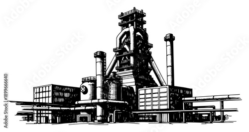 Industrial steel mill factory with blast furnace and refinery pipes in black and white sketch style
