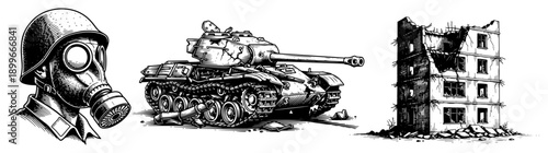 War zone collection featuring a soldier in gas mask a military tank and a ruined building