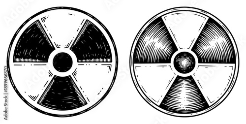 Hand drawn radiation warning symbols in vintage woodcut engraving style