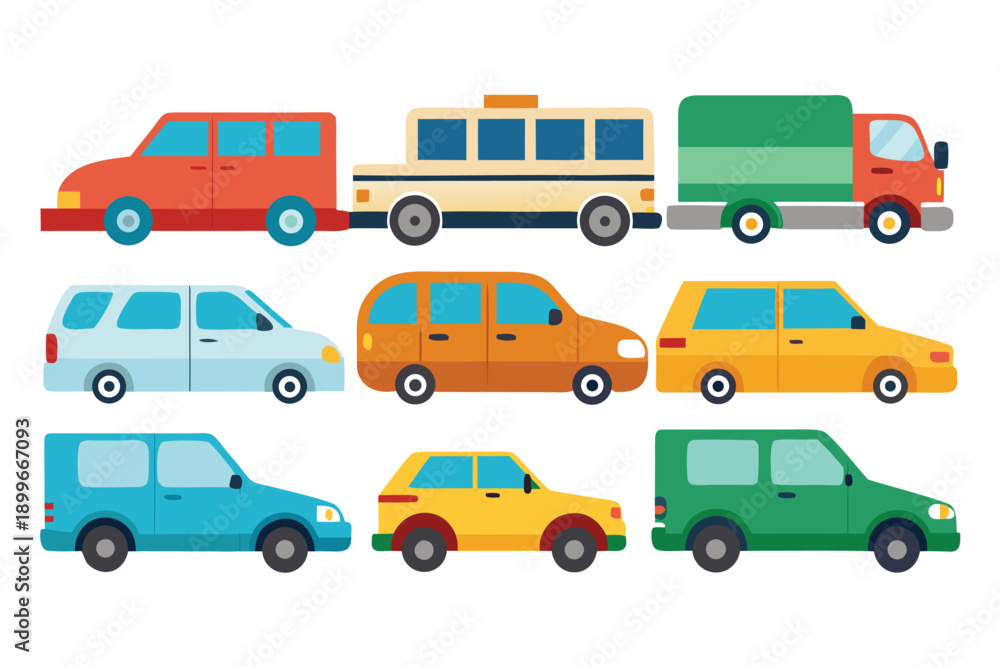 Fototapeta premium Colorful vehicles collection cartoon style transportation icons minivan truck bus car suv
