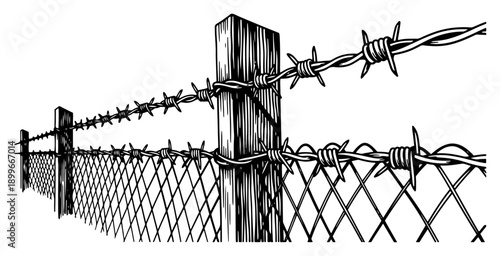 Perspective view of a chain link fence topped with sharp barbed wire and wooden posts