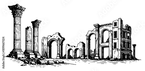 Ancient roman ruins with classical columns and crumbling stone architecture in hand drawn engraving style