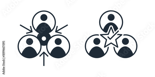 Uniting into a strong team. Integrating specialists.Vector linear icon illustration isolated on white background.