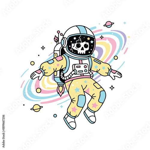 Whimsical Skeleton Astronaut Floating in a Pastel Cosmic Galaxy