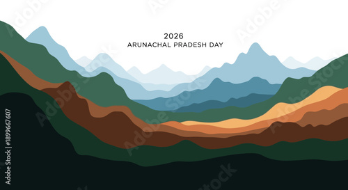 Illustration of mountainous landscape with layered hills and mountains in various earth tones, celebrating Arunachal Pradesh Day in India.