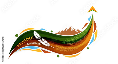 Illustration of Arunachal Pradesh Foundation Day celebrations in India, featuring people and traditional stilt houses Chang Ghar amidst mountains and hills with a mountainous landscape view.