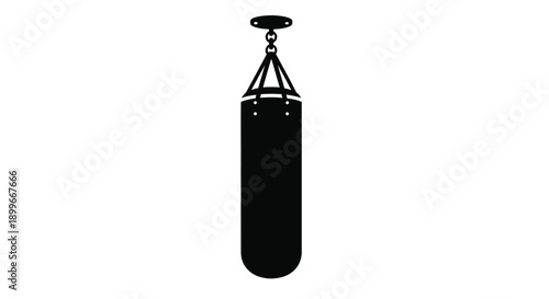 Simple black silhouette of a hanging punching bag on a white background