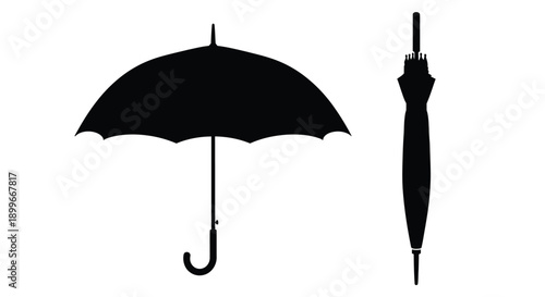 Black silhouette of an umbrella shown in two different views