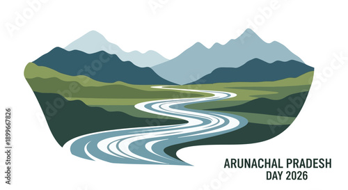 Illustration of a winding river flowing through mountains and hills on Arunachal Pradesh Day 2026, showcasing traditional Chang Ghar stilt houses in a vector graphic with a mountainous