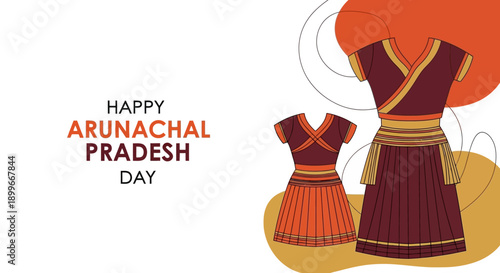 Illustrations of traditional Adi, Apatani, Nyishi, and Monpa clothing from Arunachal Pradesh, India, with stilt houses and mountains in the background, on Arunachal Pradesh Foundation Day.