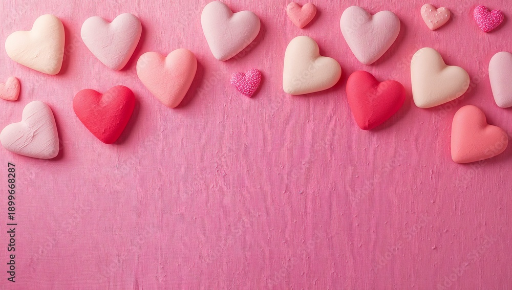 Obraz premium Lining heart-shaped marshmallow candies in neat top row on studio tabletop, textured pink surface