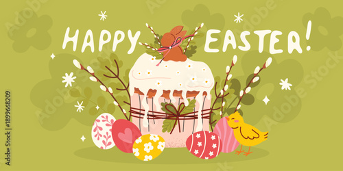 Cute Easter card with Easter cake, eggs, chicken, spring flowers and leaves. Cute festive spring floral frames. Perfect for greeting cards, invitations, posters, stickers and scrapbooking
