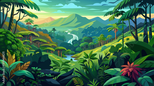 Very beautiful panoramic view of Tutunendo Choco rainforest, showcasing dense tropical vegetation, vibrant green layers, untouched wilderness, and one of Colombia’s richest biodiversity landscapes.