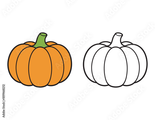 Big  Pumpkin Coloring Activity for Kids. Simple and Bold cartoon vegetable  with a  Color Guide and Line Art for early learners and young children