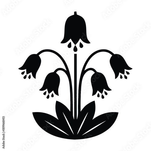 Elegant bell flower bouquet and leaf stems vector silhouette, isolated on transparent and white backgrounds