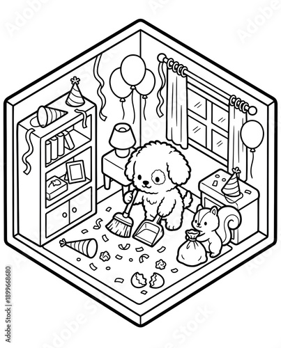 Dog cleaning house after party - Cute animal isometric coloring 