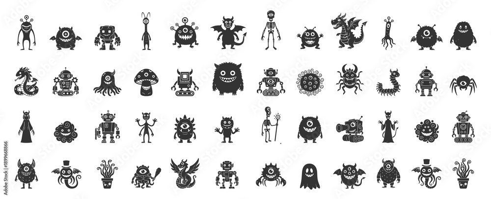 Obraz premium Hand Drawn Collection of One Eyed Monster Doodles, Character Set