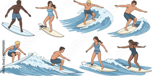 Surfers Riding Ocean Waves Set with Men and Women Surfing Cartoon Illustration