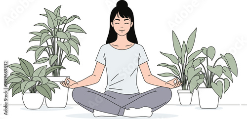 Woman Meditating at Home with Indoor Plants Mindfulness Yoga Illustration Isolated on White