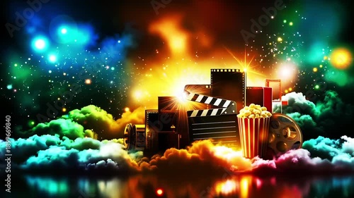 Wallpaper Mural A movie clapper board popcorn and a film reel in the clouds Torontodigital.ca